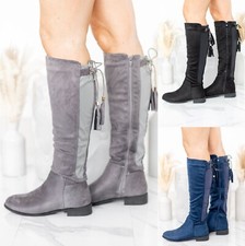 WOMENS OVER THE KNEE LADIES HIGH LOW HEEL BOOTS TASSEL ZIP STRETCH FLAT SZE 3-8