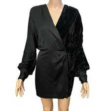 Zara Crushed Velvet Satin Wrap Dress Large Mini Balloon Sleeve Party Holiday