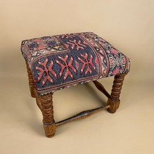 Antique Wooden Footstool Upholstered Carpet Kilim Wood Legs Cottage Furniture
