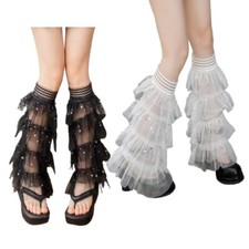 Women Summer Mesh Leg Sleeves Harajuku Ruffle Lace Leg Warmers Flared Boot Cuffs