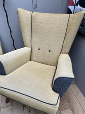 G Plan  È G Pair of Arm Chairs Pale Yellow With Grey Piping