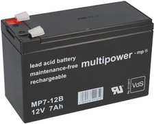 Multipower Lead Acid Battery MP7-12B Pb 12V / 7Ah VdS, Faston 6.3mm AGM UPS 