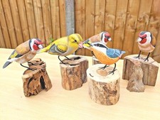 Hand Carved Painted Goldfinch Greenfinch Nuthatch Birds Wood Log Figure Ornament