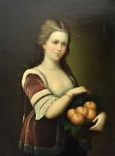 Antique Hand-painted Old Master Art Oil Painting Victorian Girl Woman Fruits19th
