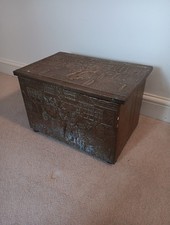Brass Vintage Coal Box With Lid Embossed Decoration - Scuttle Log Store