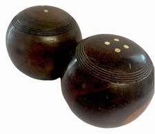 ATQ Lignum Vitae Lawn Bowls Pair 5” Diameter w/Ivory Bone Inlay Dots c. 1900