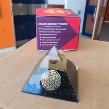 Large Shungite Orgonite Pyramid – Flower of Life, Copper Coil, Energy Healing