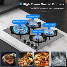 4 Burners Gas Hob 60cm Black Tempered Glass NG/LPG Convert With Iron Pan Support