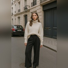 Zara Black Foldover Waist Wide Leg Trouser Pants Size Medium