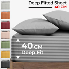 Extra Deep Fitted Sheet Single Double King Size Luxury Satin Stripe Bed Sheets