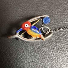 STUNNING VINTAGE WARD BROS STERLING SILVER ENAMEL KINGFISHER WISHBONE BROOCH