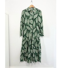 Zara Green Midi Leaf Print Cotton Tiered Long Midaxi Maxi Shirt Dress Size S