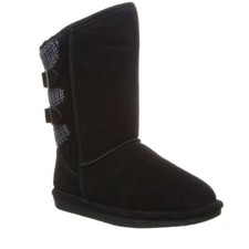 BearPaw Boshie  Boot Suede Leather & Knit Black Gray Sherpa lined Woman's Size 8