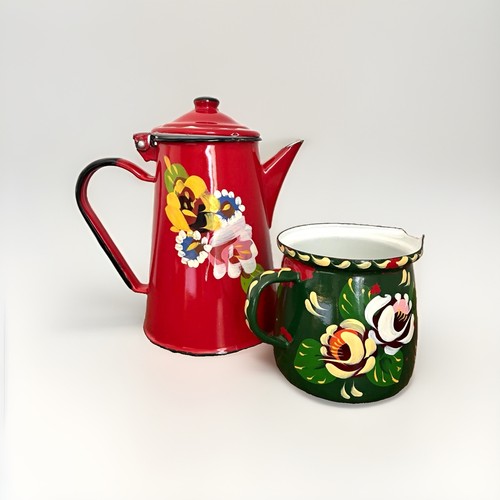 Red green floral enamel - floral,