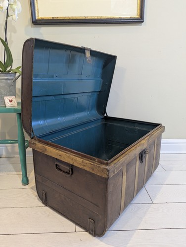 Antique metal steamer trunk - antique,