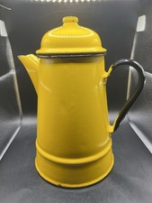 Vintage Yellow Enamel Coffee Pot W/Lid Black Handle Polish As-Is *Look at pics*