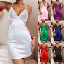Womens Lace Sexy Satin Silk Nightdress Lingerie Sleepwear Slip Nightwear Set