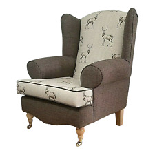 Queen Anne Wing Back Cottage Chair Stag Print & Brown Contrast Fabric Light Legs
