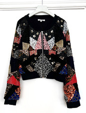 GLAMOROUS Black MULTI SEQUIN BEADED BOMBER JACKET Size S UK 8-12 Cropped RARE!