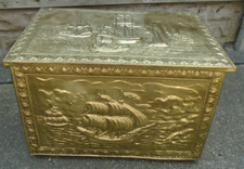 Vintage Embossed Brass & Wood Coal Log Box Ship Galleon Scene Hinged Lid