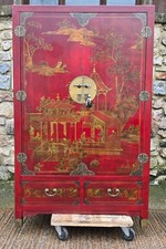 Vintage Red & Gold Chinese Laquered Wedding Cabinet, Oriental Cupboard, Wardrobe