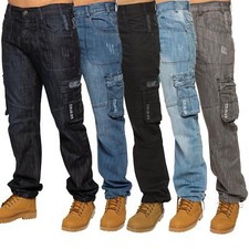 Enzo Mens Combat Jeans Cargo Trousers Casual Work Denim Pants All UK Waist Sizes