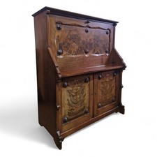 Antique Walnut Secretaire Bureau - Large Carved Victorian Storage Writing Desk