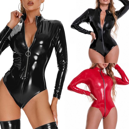 Women pvc leather leotard - leather,