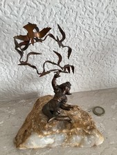 Interesting MCM Vintage Sculpture  Bronze  Of Girl and BirdsOn Marble