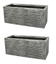 2 x Grey Brick Stone Effect Plastic Garden Trough Planter Patio Flower Pot 60cm