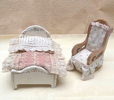 Vintage Dolls House Wooden Painted Bed and Upholstered Rocking Chair, 1:12 scale