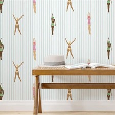 Retro Swimmers Wallpaper Peel and Stick Whimsical Bathroom Wall Art Decor