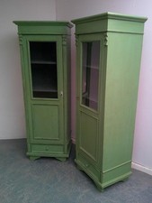 A Cracking Pair of Light Green Antique Pine Kitchen / Bathroom Display Cabinets