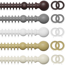28MM FX REAL WOODEN CURTAIN POLE SET - WOOD POLES / RINGS - GREY WHITE TEAK PINE