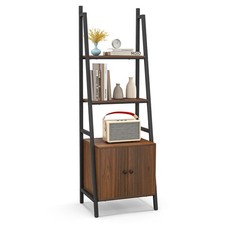 Industrial Ladder Shelf 4-Tier Bookcase with Cabinet Metal Frame Brown
