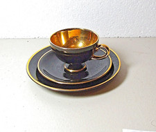 Egersund Norway Norsk Flint Black and Gold Coffee Trio Vintage 1950