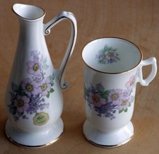 Royal Tara coffee cup and creamer wild rose and lilac blossoms. Fine Irish china