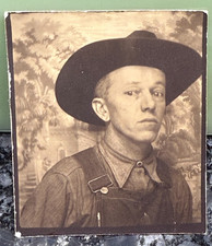 Vintage Photobooth Photo Handsome Young Cowboy Hat Man Farmer 1930s