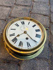 OLD BRASS CASED SHIPS BULKHEAD CLOCK - ENAMEL DIAL