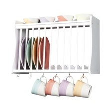 Minack Kitchen Plate Rack with hooks, White Wood, Wall-mounted or Freestanding