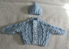 Hand knitted cable cardigan and hat set in thick blue yarn new born baby boy