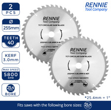 2 X TCT Circular Wood Blade 255mm x 40T fits Evolution Rage Saws 25.4mm Bore