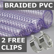 PVC HOSE Clear Flexible Reinforced Braided Food Grade Water Tube Pipe & 2 CLIPS
