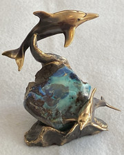 Bronze Dolphins at Play on Boulder Opal Stone Small 5" Table Top Sculpture