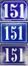 Large old blue French house number 151 door gate plate steel enamel sign plaque