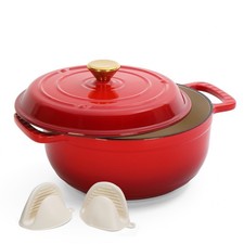 Cast Iron Dutch Oven with Lid – 5.7L Non Stick Enamel Casserole with Gloves Red