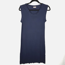 John Galliano Dress Navy Blue Midi Scalloped Edge Pencil S/M Sleeveless Vtg
