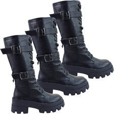 Women Ladies Chunky Sole Knee Lace Up Low Mid Heel Buckle Combat Biker Boots Emo