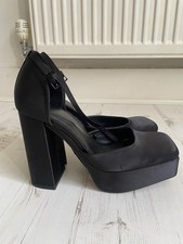 Zara Shoes Ladies Size 6 39 Black Satin Square Toe Chunky Block Platform Ankle