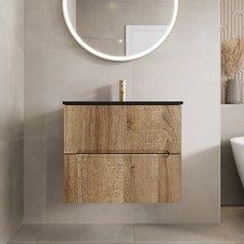 600mm Bathroom Cloakroom Vanity Unit Basin Sink Wall Hung Fluted Oak Unit